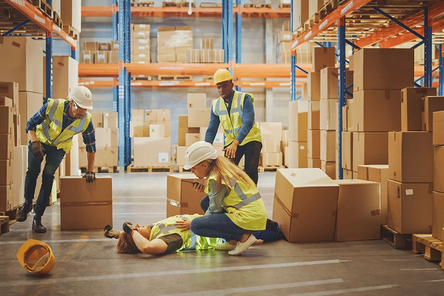 A warehouse worker has a work-related accident and is lying on the ground with possible injuries. Coworkers call for help and medical assistance in Springfield, IL.