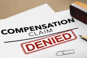 A piece of paper reading compensation claim denied lying on a desk with a pencil and denied stamp at a legal office in Springfield, IL.